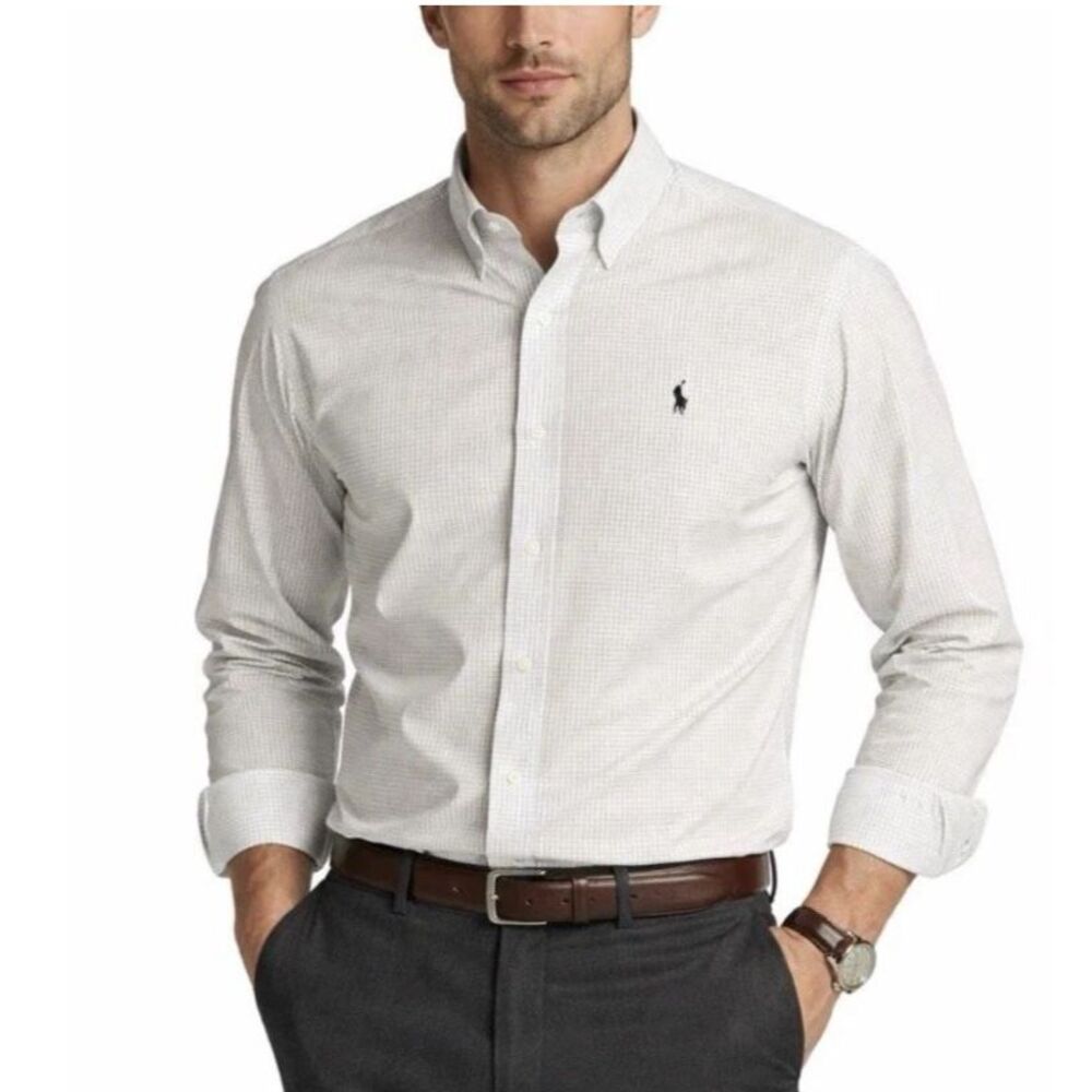 Polo Ralph Lauren White Black Checkered Grid Pattern LS Dress Shirt Size XXL